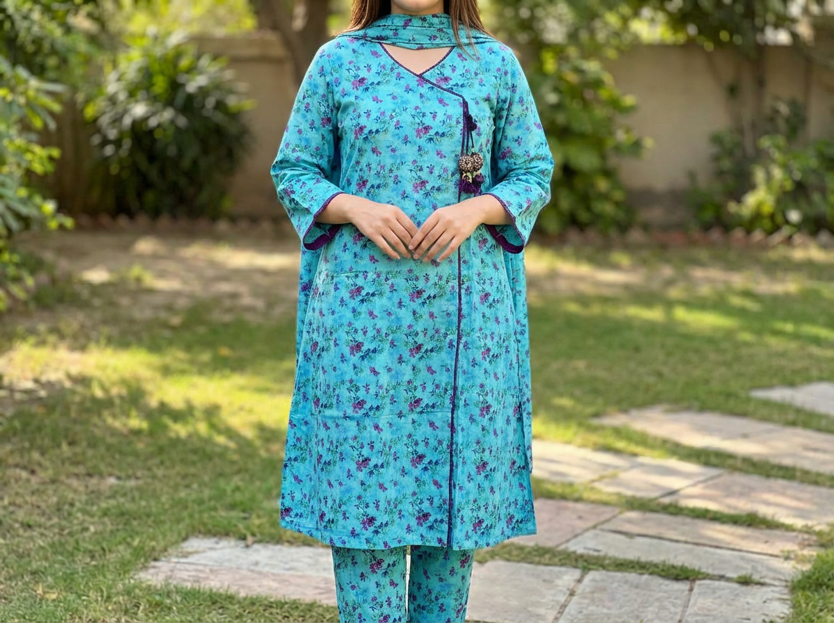 Floral Printed Banadora 3-Piece Suite β Sky Blue Angrakha Style