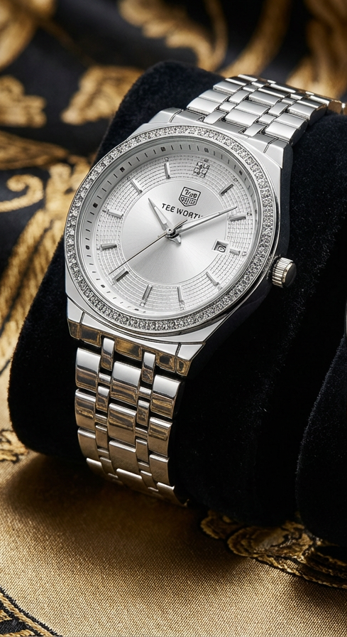 True North Luxury Silver Chain Watch for Women - Elegant Crystal Bezel with Date Display - Premium Stainless Steel