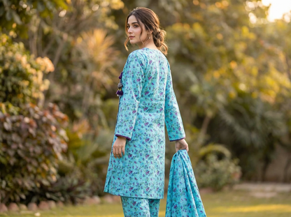 Floral Printed Banadora 3-Piece Suite – Sky Blue Angrakha Style