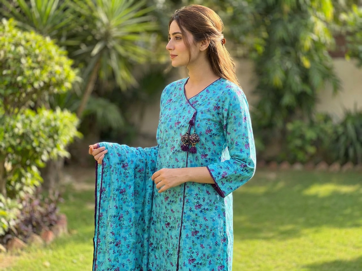 Floral Printed Banadora 3-Piece Suite – Sky Blue Angrakha Style