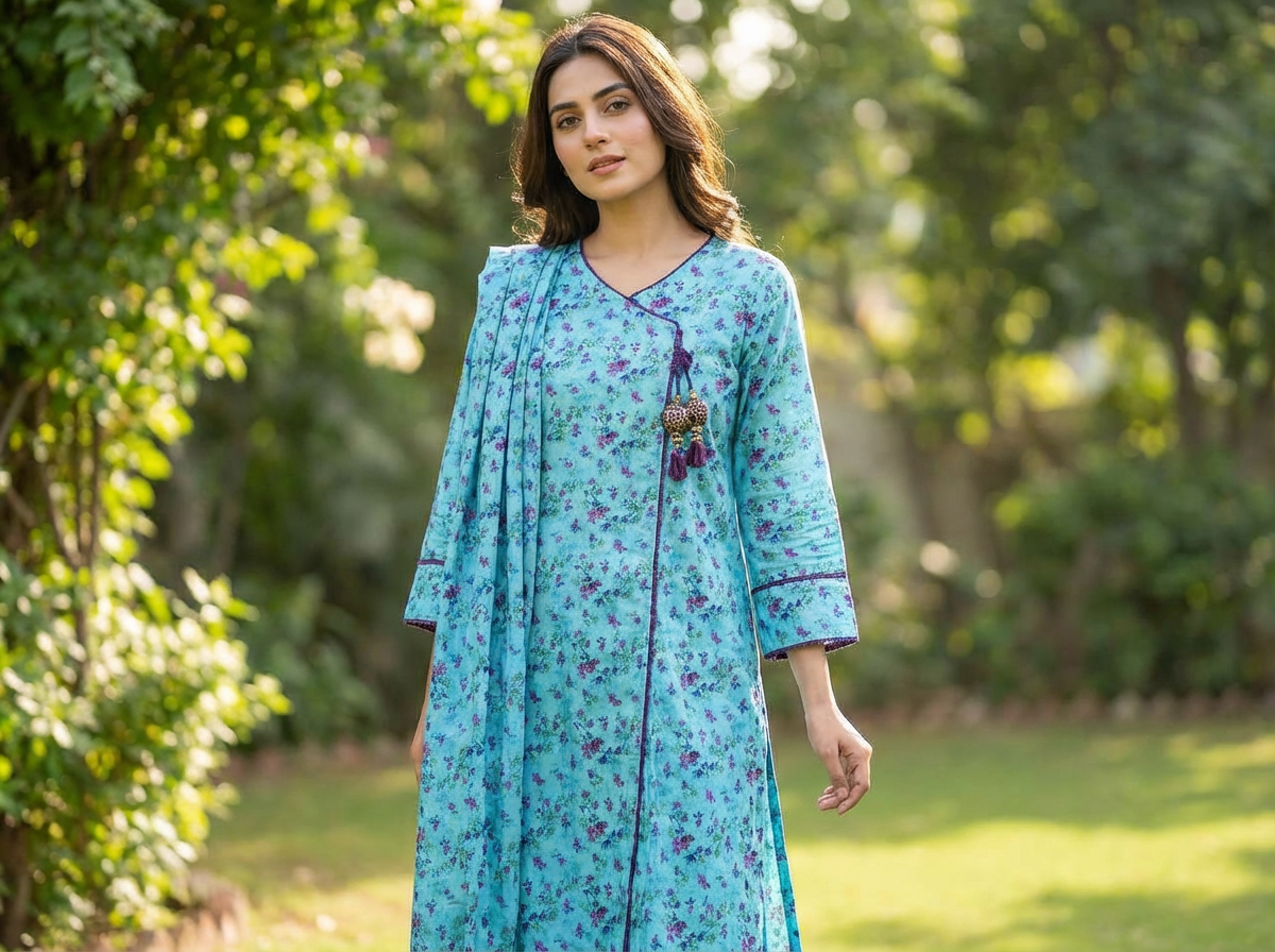 Floral Printed Banadora 3-Piece Suite – Sky Blue Angrakha Style
