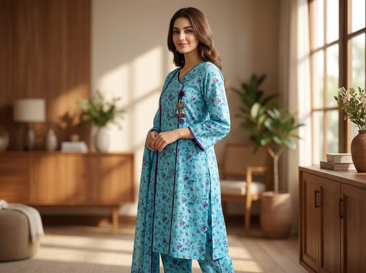 Floral Printed Banadora 3-Piece Suite – Sky Blue Angrakha Style