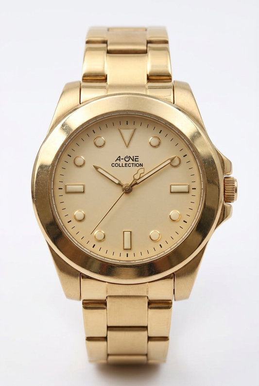 4-ONE COLLECTION Luxury Men's Gold Watch - Premium Stainless Steel Chain - Analog Quartz Gold Dial Wristwatch for Men