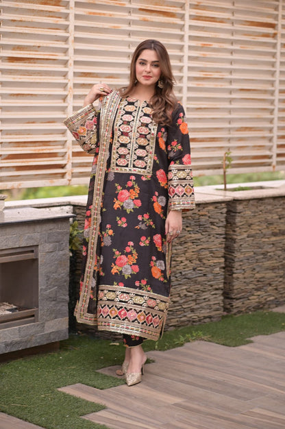 Elegant stitched 3PC Suit with Digital Print & Sequence Dupatta