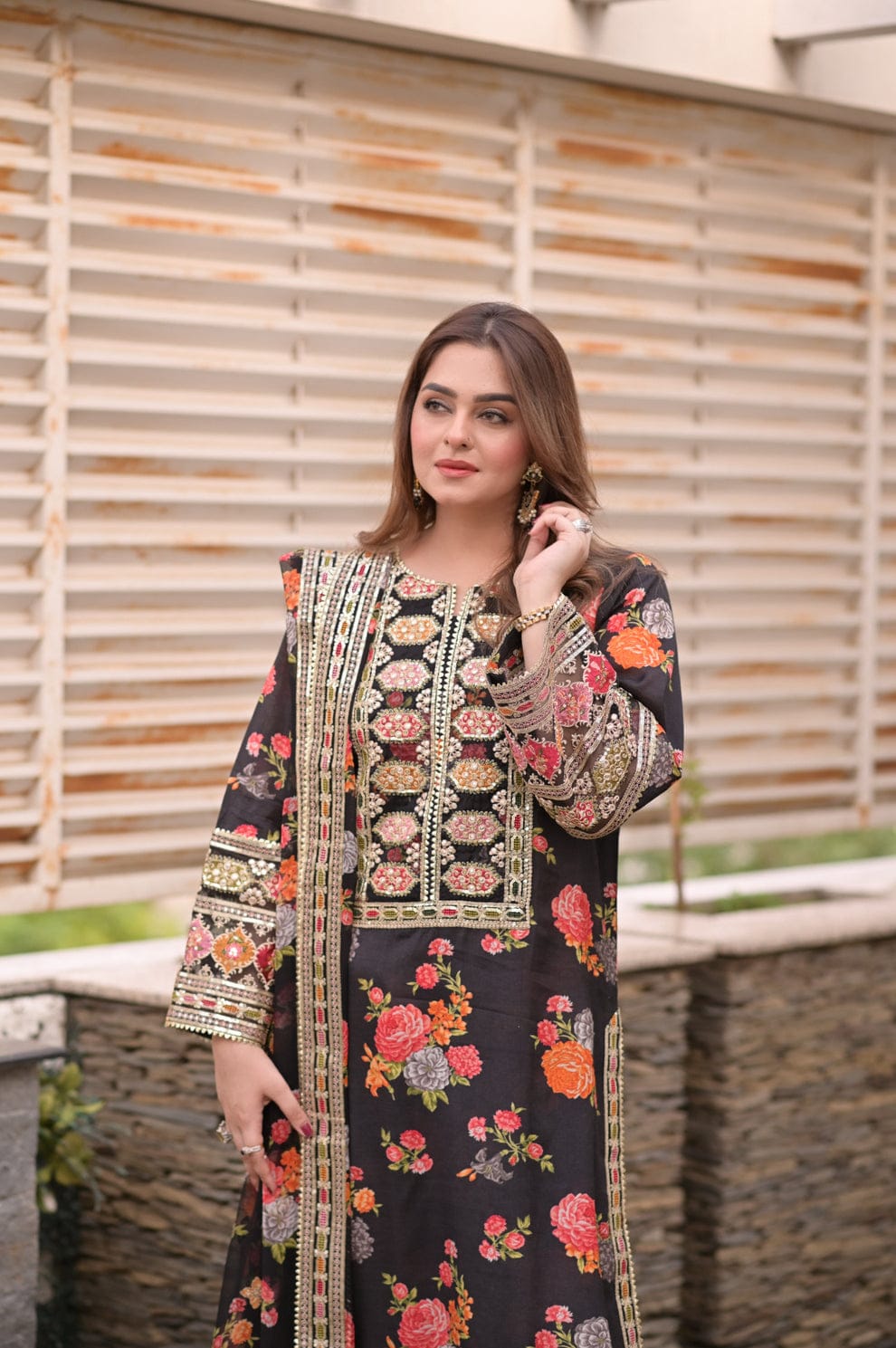 Elegant stitched 3PC Suit with Digital Print & Sequence Dupatta