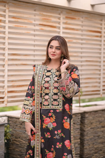 Elegant stitched 3PC Suit with Digital Print & Sequence Dupatta