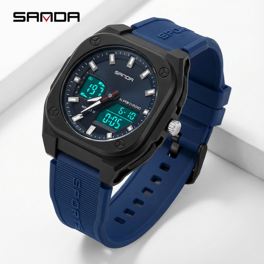 SANDA Fashion Square Case Sport Watch for Men - Luminous Hands & LED Backlight - Water Resistant Chronograph