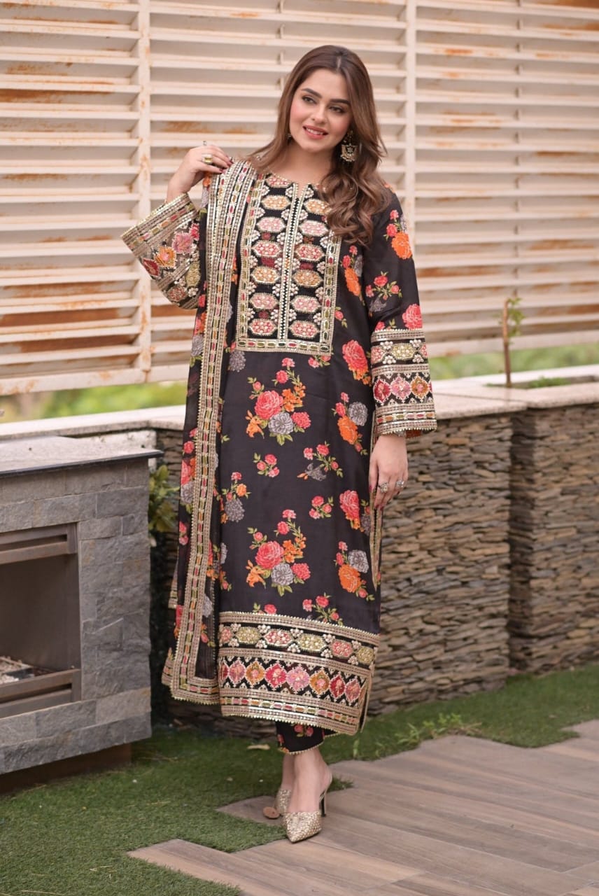 Elegant stitched 3PC Suit with Digital Print & Sequence Dupatta