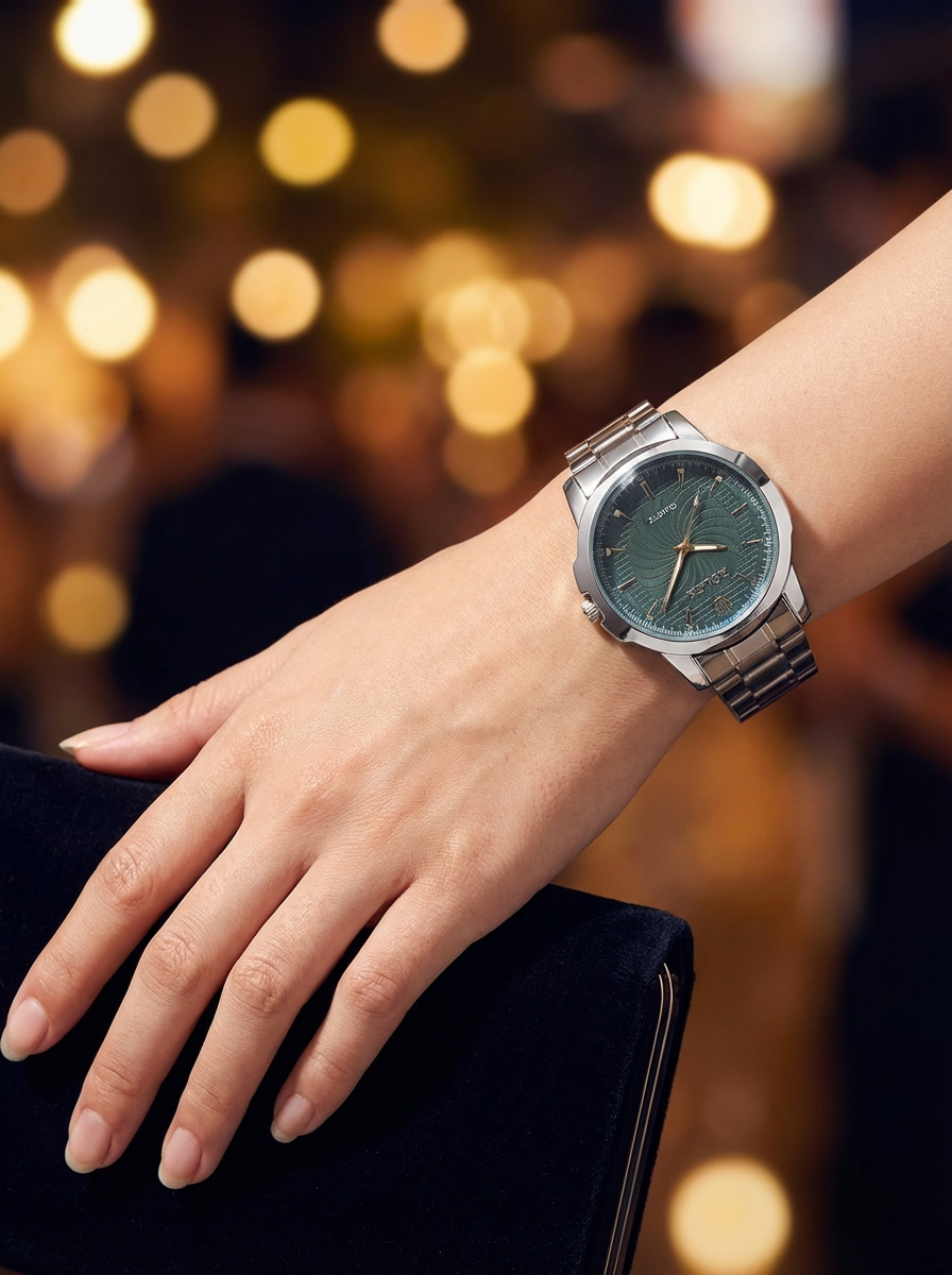 Luxury Emerald Green Dial Watch for Women - Stainless Steel Chain Strap - Elegant Textured Face Wristwatch for Girls