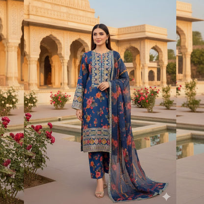 Elegant stitched 3PC Suit with Digital Print & Sequence Dupatta