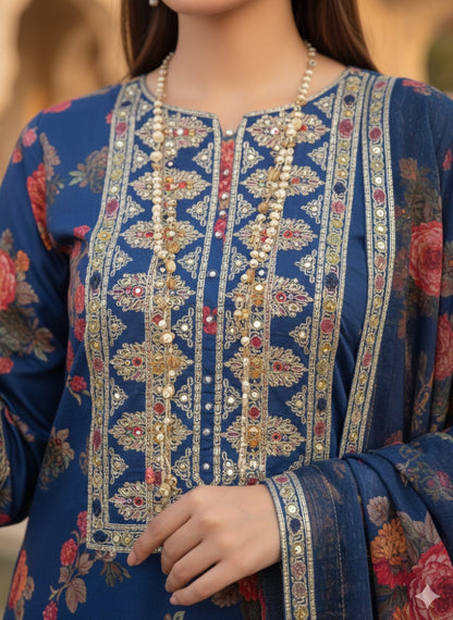 Elegant stitched 3PC Suit with Digital Print & Sequence Dupatta