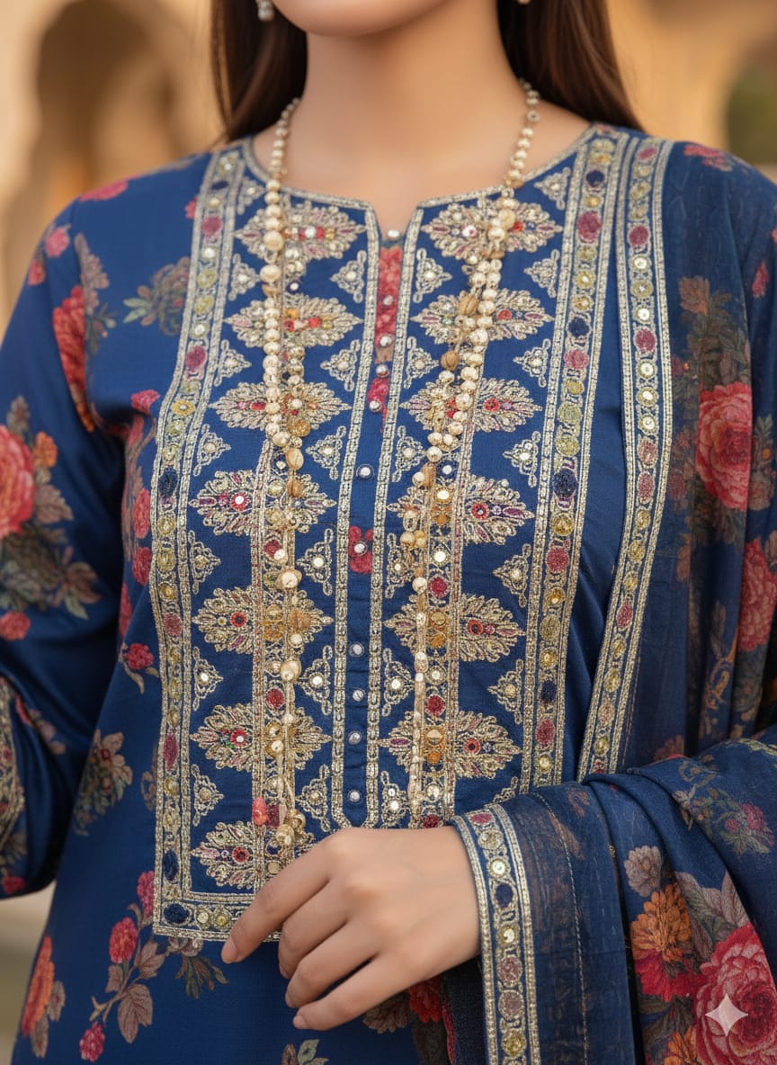 Elegant stitched 3PC Suit with Digital Print & Sequence Dupatta