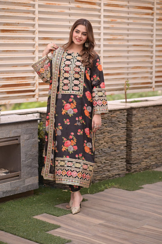 Elegant stitched 3PC Suit with Digital Print & Sequence Dupatta