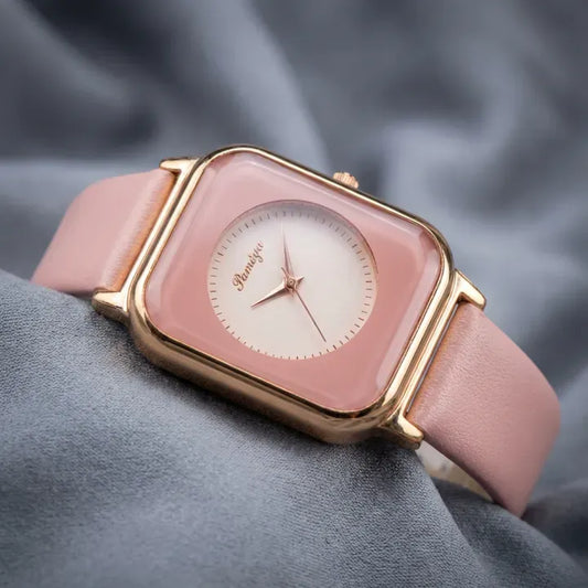 Pandya Premium Women's Minimalist Square Dial Watch - Soft Pink & Gold Aesthetic
