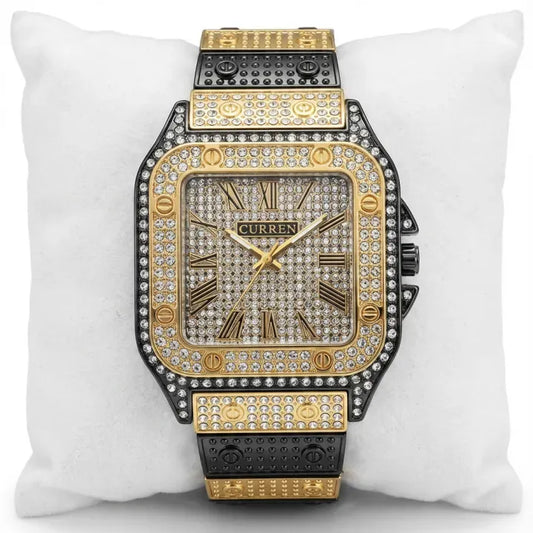 Luxury Square Dial Men’s Watch – Crystal Studded Gold & Black Quartz Wrist Watch