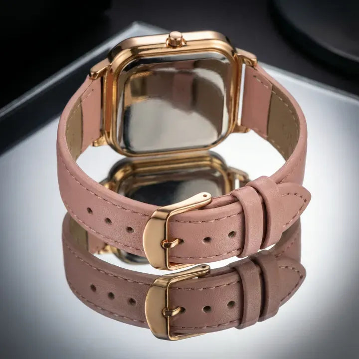Pandya Premium Women's Minimalist Square Dial Watch - Soft Pink & Gold Aesthetic