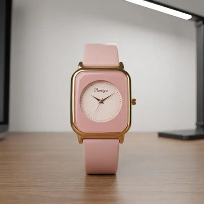 Pandya Premium Women's Minimalist Square Dial Watch - Soft Pink & Gold Aesthetic