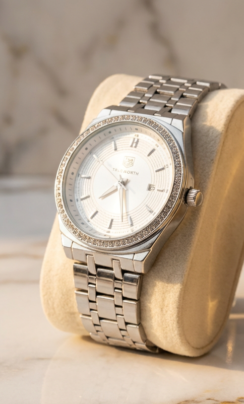 True North Luxury Silver Chain Watch for Women - Elegant Crystal Bezel with Date Display - Premium Stainless Steel