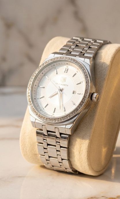 True North Luxury Silver Chain Watch for Women - Elegant Crystal Bezel with Date Display - Premium Stainless Steel