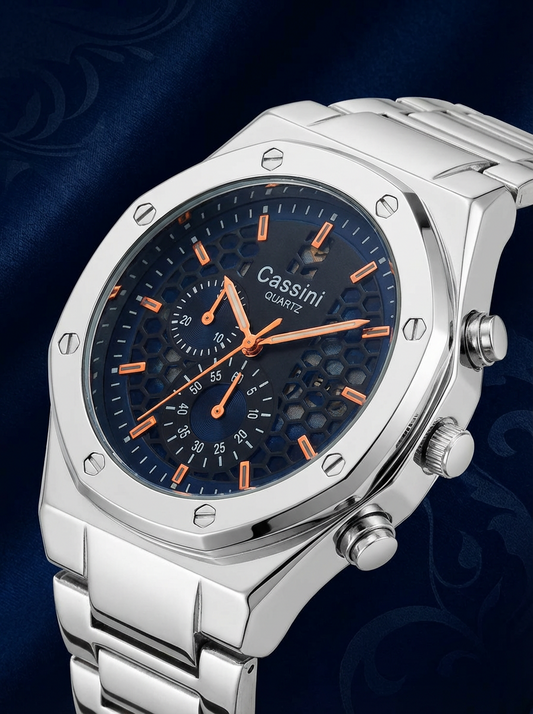 Cassini Men’s Luxury Chronograph Watch – Stainless Steel Case, Black Dial with Orange Hands, Sporty Analog Wrist Watch