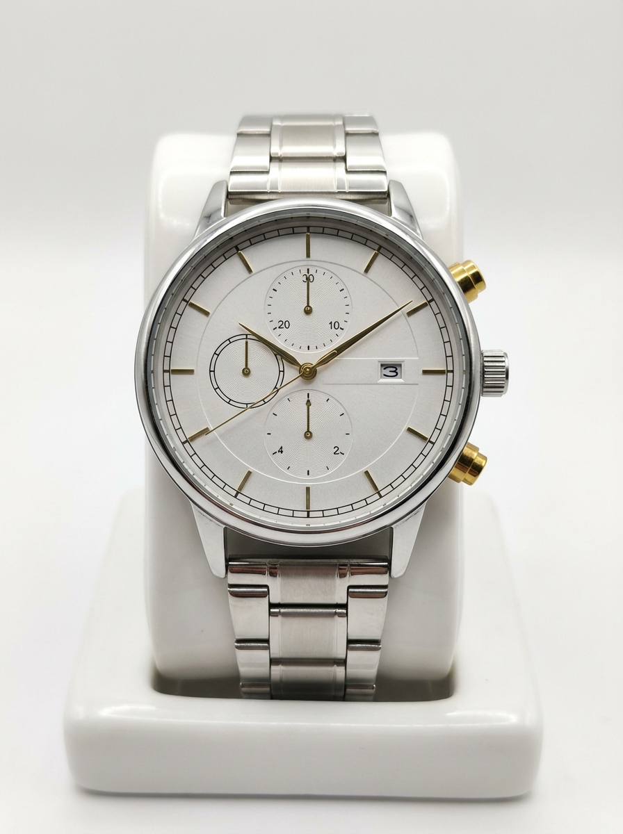 Luxury Men’s Chronograph Watch - Silver Stainless Steel Chain