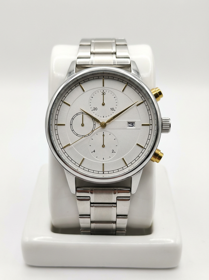 Luxury Men’s Chronograph Watch - Silver Stainless Steel Chain
