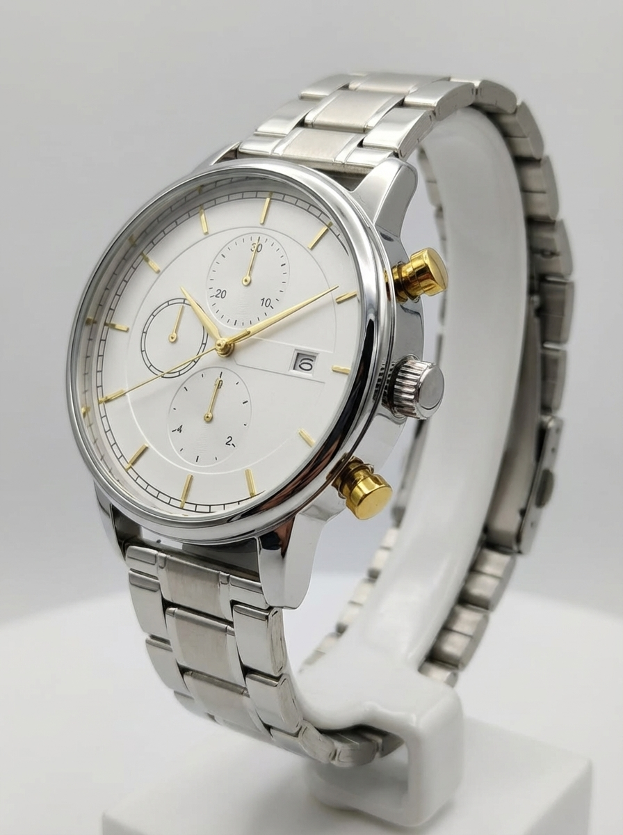 Luxury Men’s Chronograph Watch - Silver Stainless Steel Chain