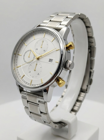 Luxury Men’s Chronograph Watch - Silver Stainless Steel Chain
