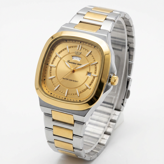 Success Way Luxury Square Two-Tone Men’s Watch - Gold & Silver Stainless Steel - Water Resistant - Date Display