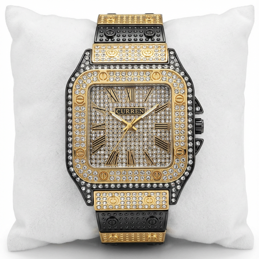 Luxury Square Dial Men’s Watch – Crystal Studded Gold & Black Quartz Wrist Watch