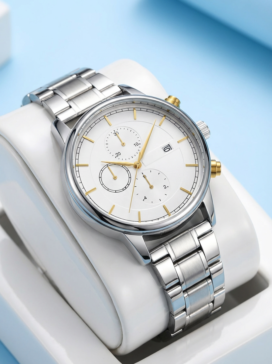 Luxury Men’s Chronograph Watch - Silver Stainless Steel Chain