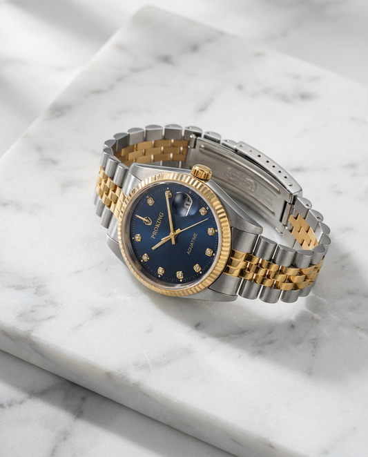 🕰️ PROKING Two-Tone Luxury Men's Wrist Watch – Gold & Silver Stainless Steel, Date Display, Diamond Markers, Water Resistant