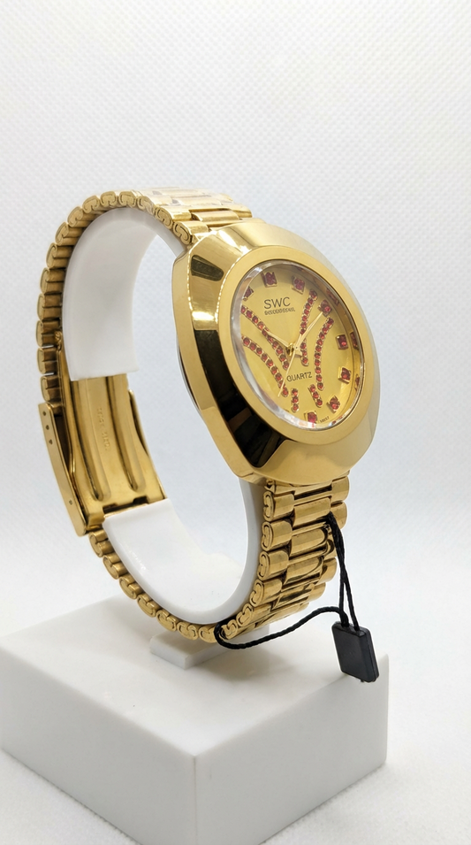 SWC Luxury Gold Plated Quartz Watch for Men - Unique Red Rhinestone Dial - Elegant Fashion Statement Watch