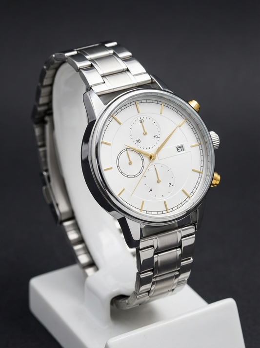 Luxury Men’s Chronograph Watch - Silver Stainless Steel Chain