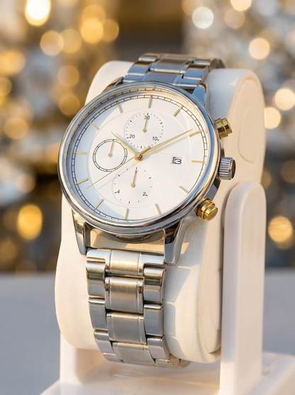 Luxury Men’s Chronograph Watch - Silver Stainless Steel Chain