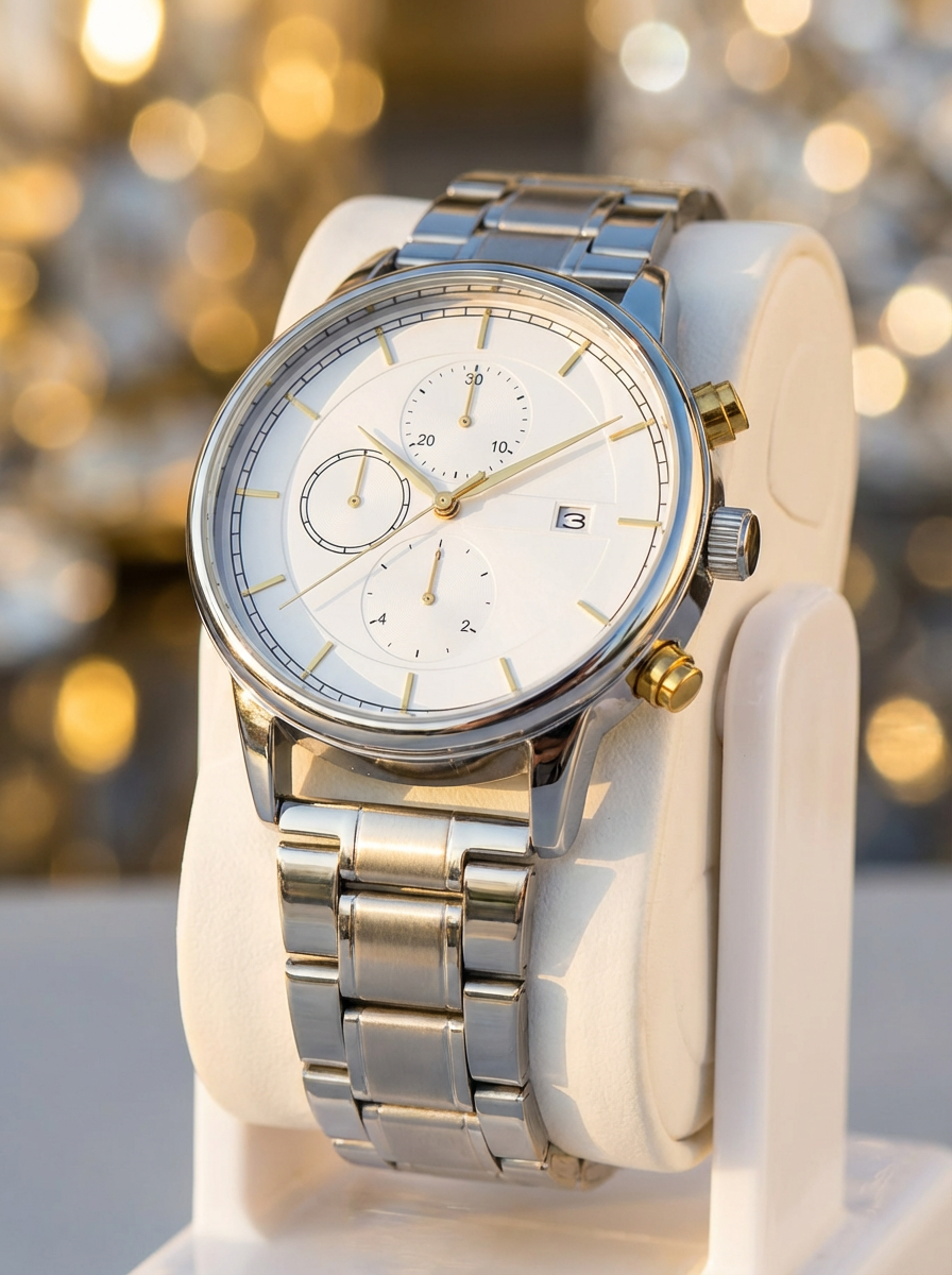Luxury Men’s Chronograph Watch - Silver Stainless Steel Chain