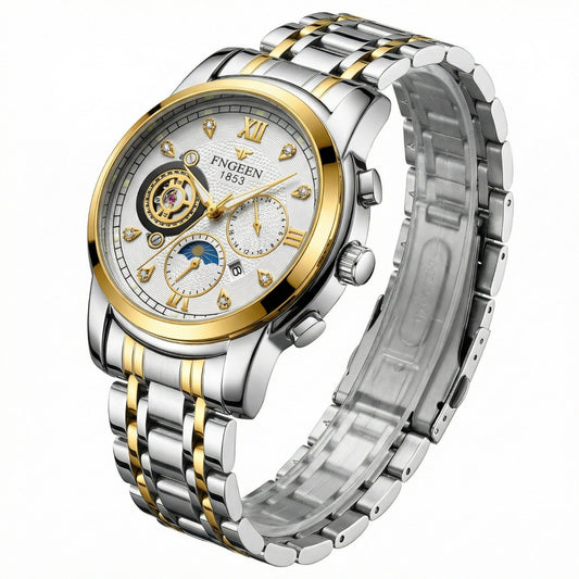 FNGEEN 1853 Luxury Men’s Automatic Watch – Stainless Steel Two-Tone Strap, Skeleton Dial, Multi-Function