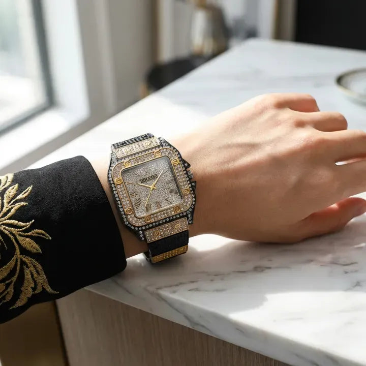 Luxury Square Dial Men’s Watch – Crystal Studded Gold & Black Quartz Wrist Watch