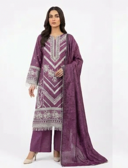 Regal Plum Embroidered 3-Piece Lawn Suit with Silver Tilla Work