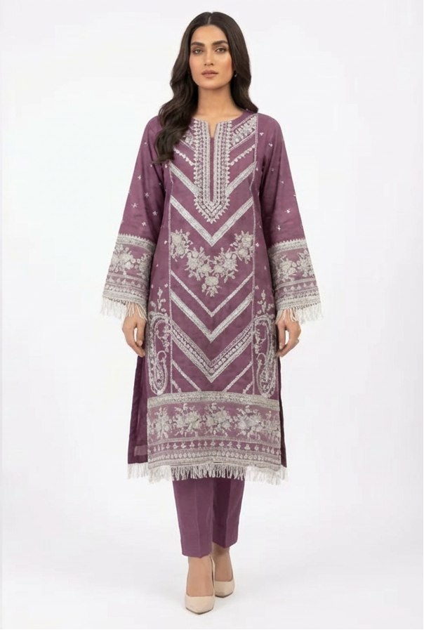 Regal Plum Embroidered 3-Piece Lawn Suit with Silver Tilla Work